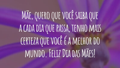 Mãe, quero que você saiba que a cada dia que passa, tenho mais certeza que você é a melhor do mundo. Feliz Dia das Mães!