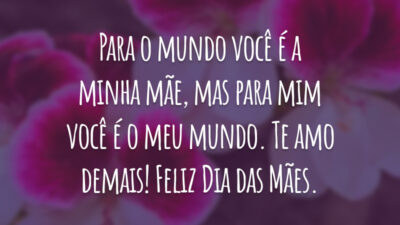 Para o mundo você é a minha mãe, mas para mim você é o meu mundo. Te amo demais! Feliz Dia das Mães.