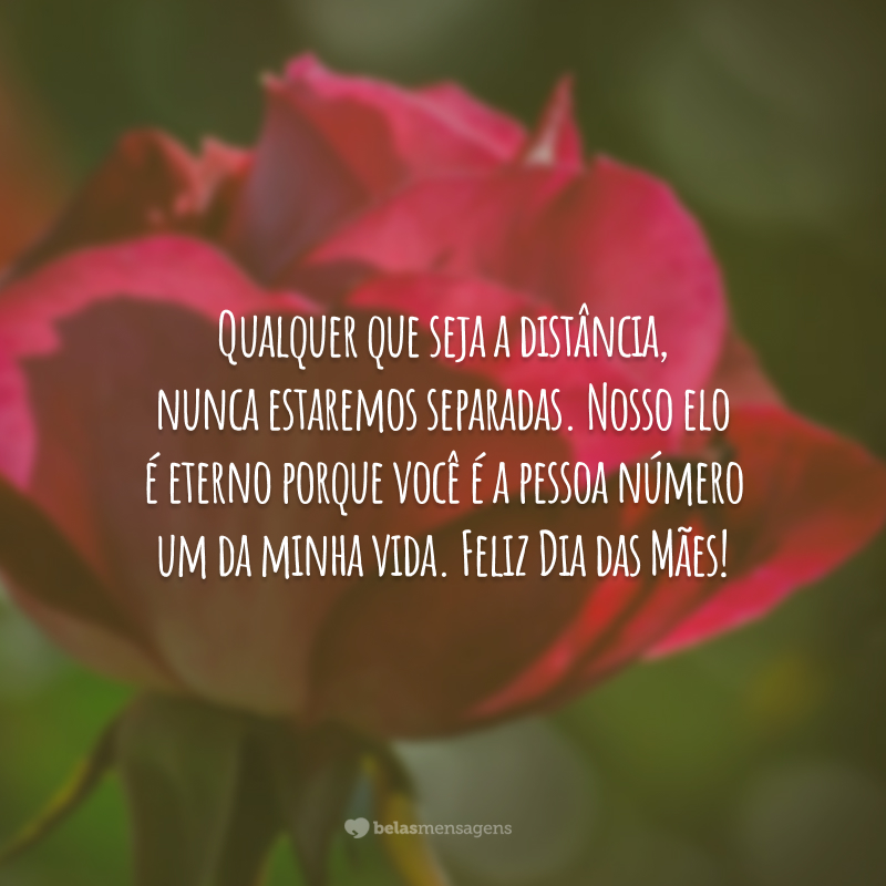 Qualquer que seja a distância, nunca estaremos separadas. Nosso elo é eterno porque você é a pessoa número um da minha vida. Feliz Dia das Mães!