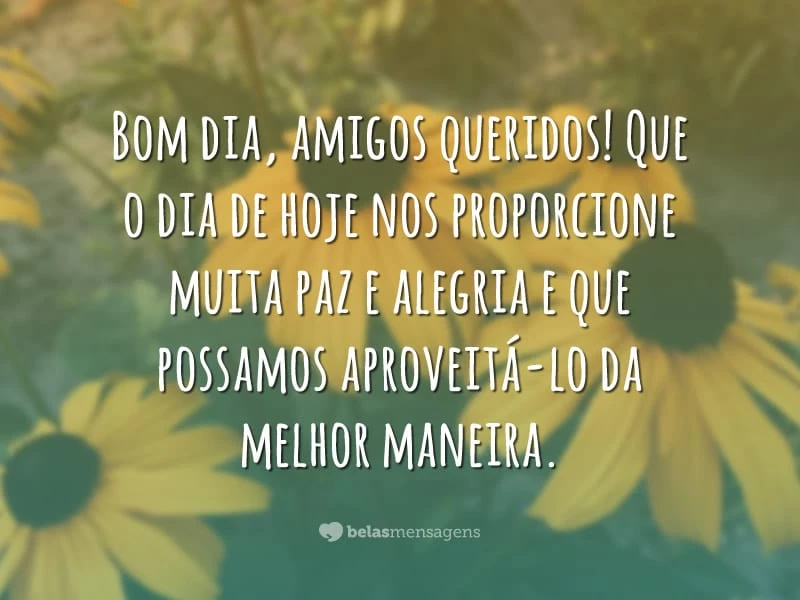 Bom dia, amigos queridos! Que o dia de hoje nos proporcione muita paz e alegria e que possamos aproveitá-lo da melhor maneira.