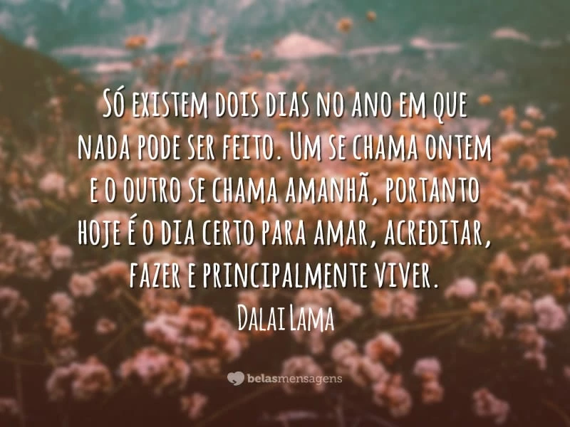 Só existem dois dias no ano em que nada pode ser feito. Um se chama ontem e o outro se chama amanhã, portanto hoje é o dia certo para amar, acreditar, fazer e principalmente viver.