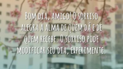 Bom dia, amigo! O sorriso alegra a alma de quem dá e de quem recebe. O sorriso pode modificar seu dia, experimente.