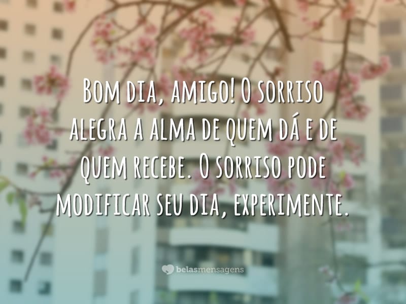 Bom dia, amigo! O sorriso alegra a alma de quem dá e de quem recebe. O sorriso pode modificar seu dia, experimente.