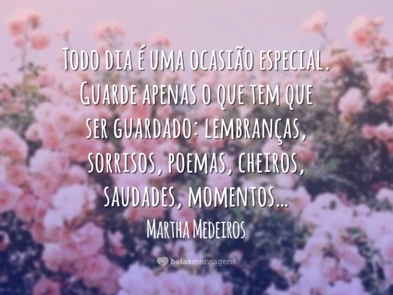 Todo dia é uma ocasião especial. Guarde apenas o que tem que ser guardado: lembranças, sorrisos, poemas, cheiros, saudades, momentos…