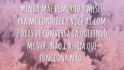Minha mãe demorou 9 meses pra me conhecer e você aí com 2 dias de conversa já querendo me ver. Não é assim que funciona não.