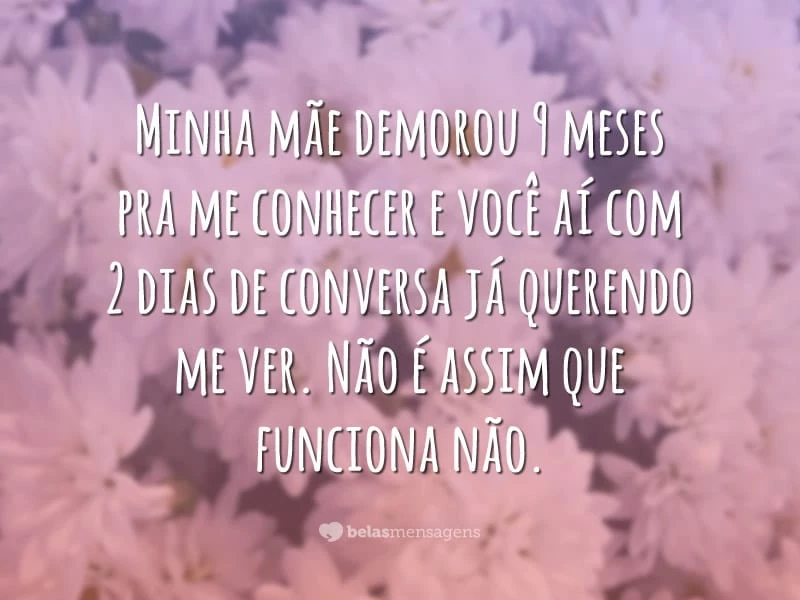 Minha mãe demorou 9 meses pra me conhecer e você aí com 2 dias de conversa já querendo me ver. Não é assim que funciona não.