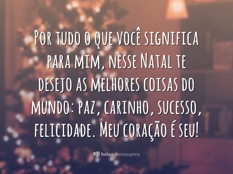 Por tudo o que você significa para mim, nesse Natal te desejo as melhores coisas do mundo: paz, carinho, sucesso, felicidade. Meu coração é seu!