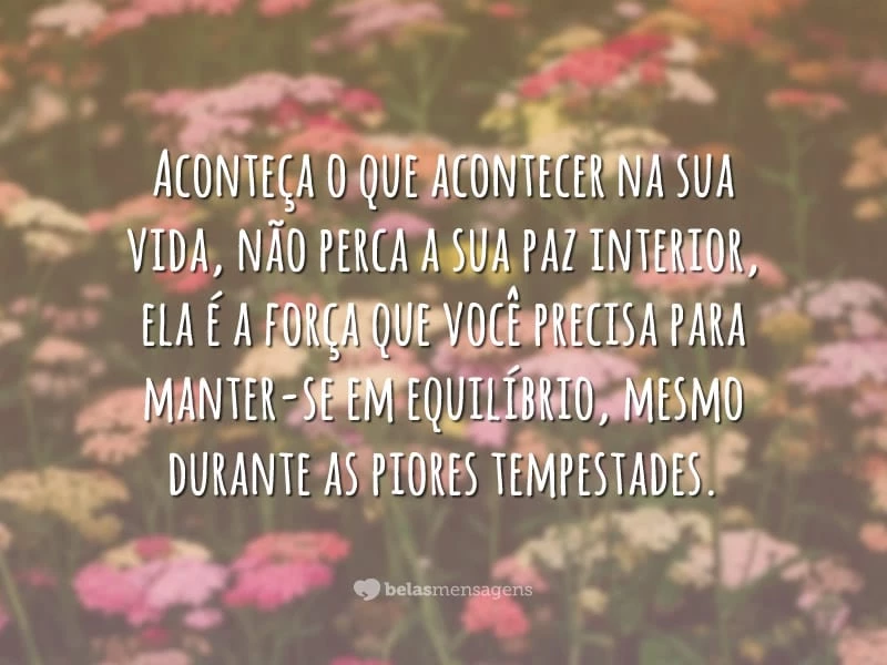 Aconteça o que acontecer na sua vida, não perca a sua paz interior, ela é a força que você precisa para manter-se em equilíbrio, mesmo durante as piores tempestades.