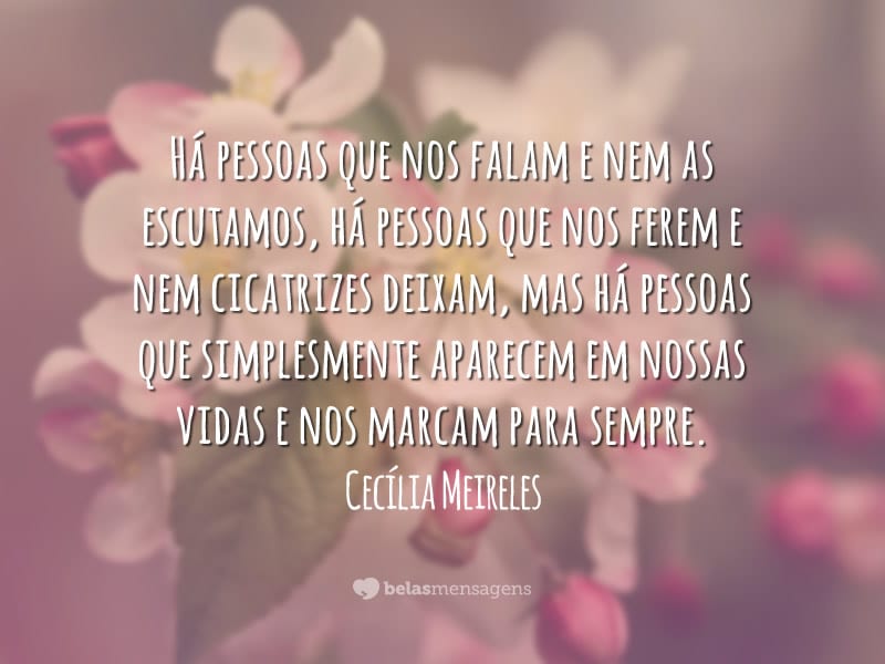 Há pessoas que nos falam e nem as escutamos, há pessoas que nos ferem e nem cicatrizes deixam, mas há pessoas que simplesmente aparecem em nossas vidas e nos marcam para sempre.