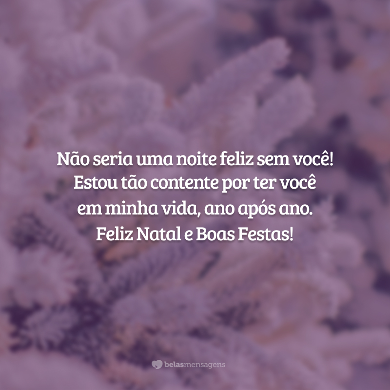 Não seria uma noite feliz sem você! Estou tão contente por ter você em minha vida, ano após ano. Feliz Natal e Boas Festas!