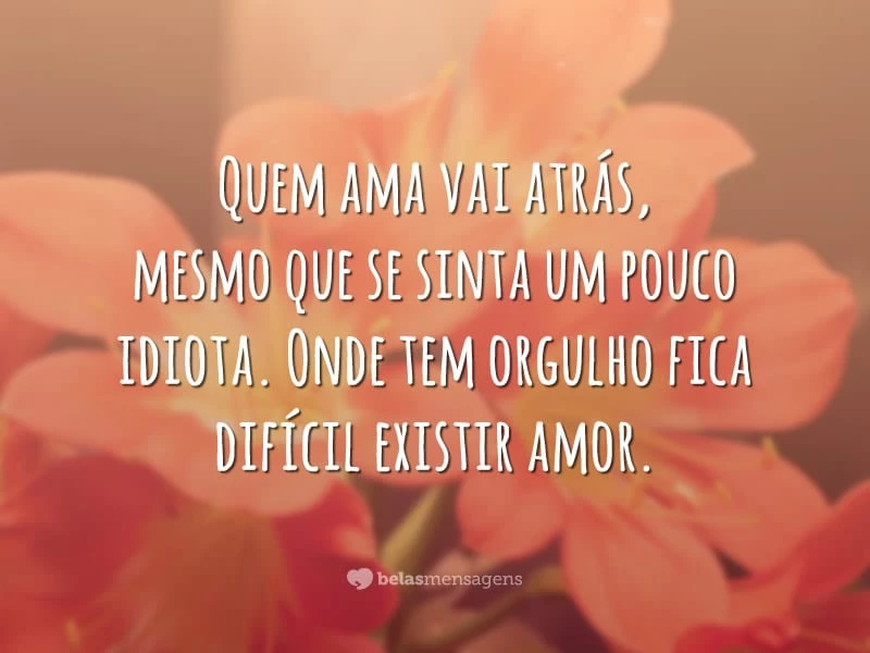 Quem ama vai atrás, mesmo que se sinta um pouco idiota. Onde tem orgulho fica difícil existir amor.