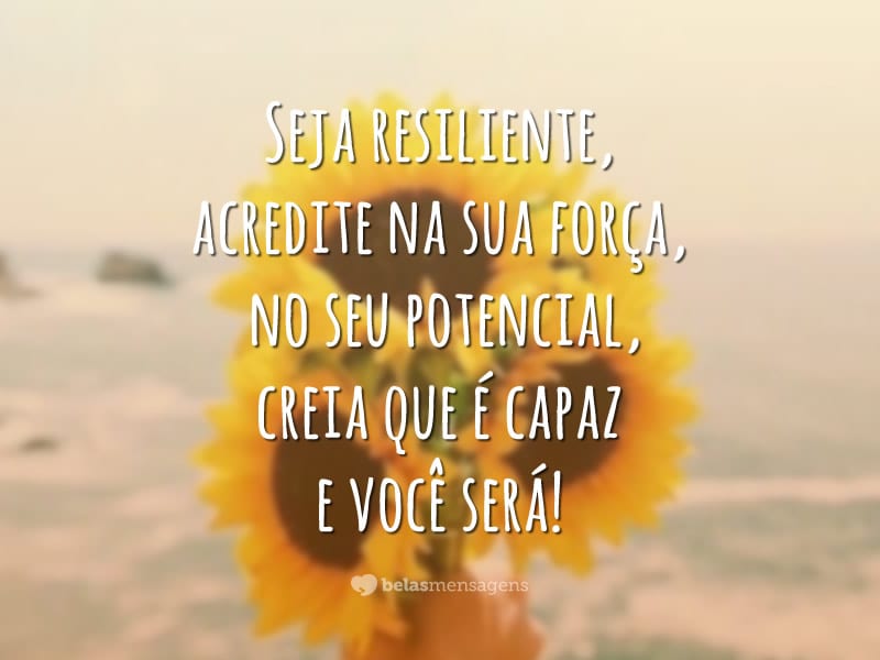 Seja resiliente, acredite na sua força, no seu potencial, creia que é capaz e você será!