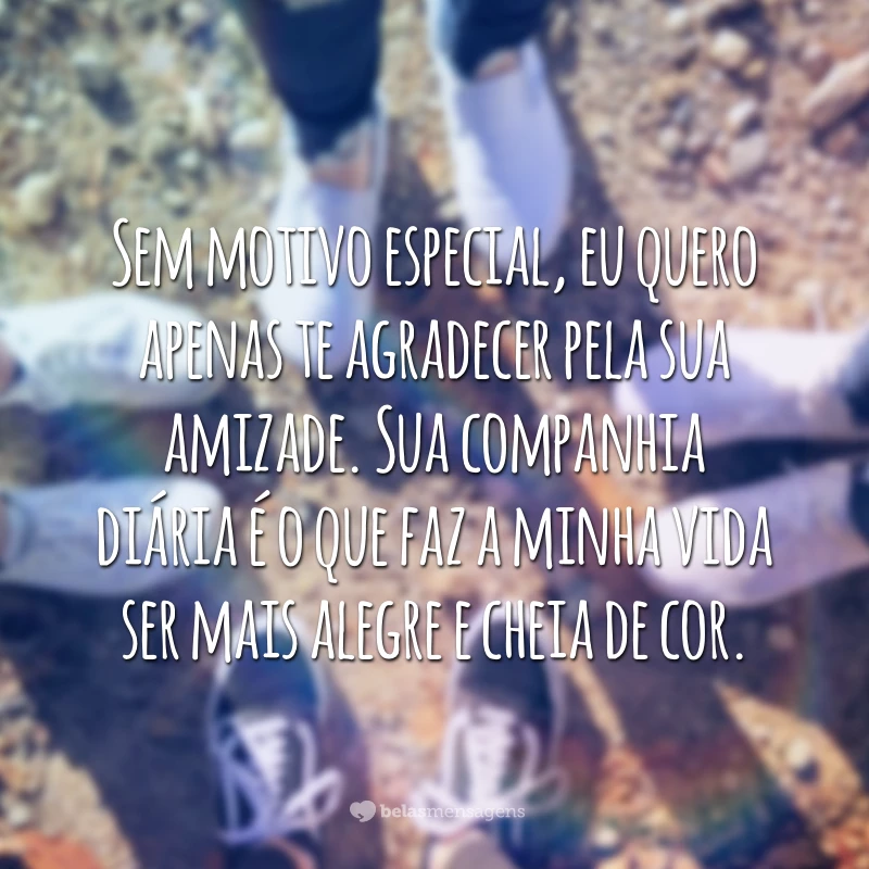 Sem motivo especial, eu quero apenas te agradecer pela sua amizade. Sua companhia diária é o que faz a minha vida ser mais alegre e cheia de cor.