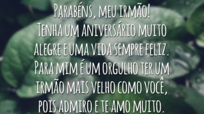 Parabéns, meu irmão! Tenha um aniversário muito alegre e uma vida sempre feliz. Para mim é um orgulho ter um irmão mais velho como você, pois admiro e te amo muito.