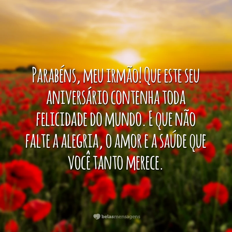 Parabéns, meu irmão! Que este seu aniversário contenha toda felicidade do mundo. E que não falte a alegria, o amor e a saúde que você tanto merece.