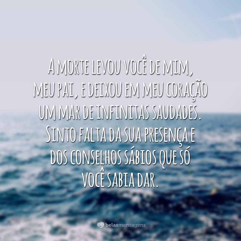 A morte levou você de mim, meu pai, e deixou em meu coração um mar de infinitas saudades. Sinto falta da sua presença e dos conselhos sábios que só você sabia dar.