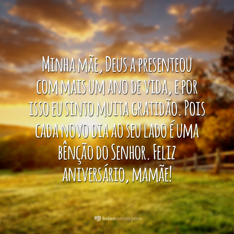 Minha mãe, Deus a presenteou com mais um ano de vida, e por isso eu sinto muita gratidão. Pois cada novo dia ao seu lado é uma bênção do Senhor. Feliz aniversário, mamãe!