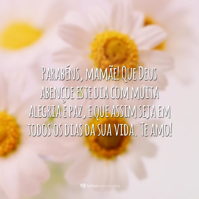 Parabéns, mamãe! Que Deus abençoe este dia com muita alegria e paz, e que assim seja em todos os dias da sua vida. Te amo!