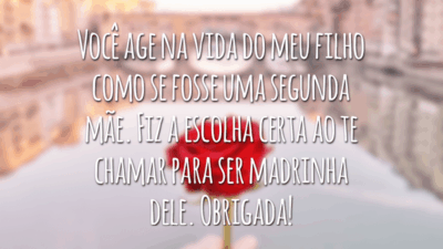 Você age na vida do meu filho como se fosse uma segunda mãe. Fiz a escolha certa ao te chamar para ser madrinha dele. Obrigada!