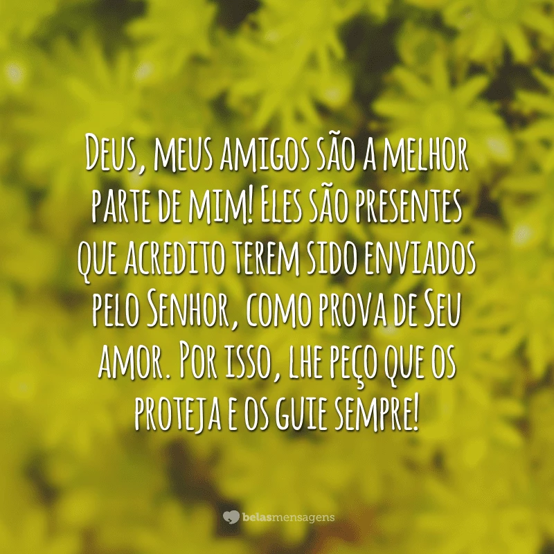 Deus, meus amigos são a melhor parte de mim! Eles são presentes que acredito terem sido enviados pelo Senhor, como prova de Seu amor. Por isso, lhe peço que os proteja e os guie sempre!