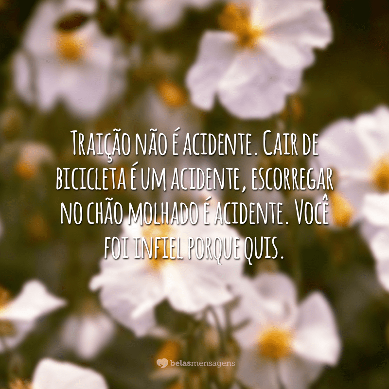 Traição não é acidente. Cair de bicicleta é um acidente, escorregar no chão molhado é acidente. Você foi infiel porque quis.