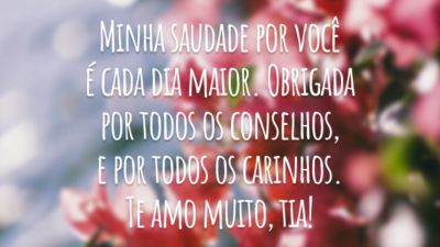 Minha saudade por você é cada dia maior. Obrigada por todos os conselhos, e por todos os carinhos. Te amo muito, tia!