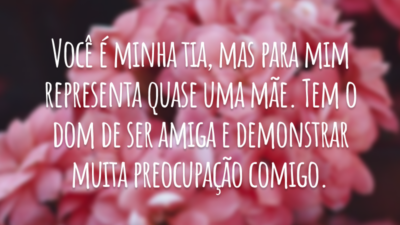 Você é minha tia, mas para mim representa quase uma mãe. Tem o dom de ser amiga e demonstrar muita preocupação comigo.