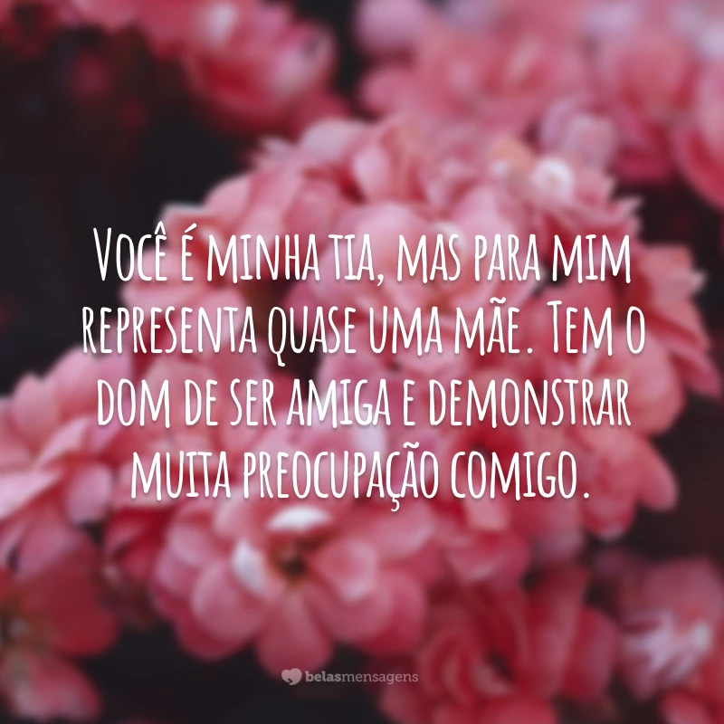 Você é minha tia, mas para mim representa quase uma mãe. Tem o dom de ser amiga e demonstrar muita preocupação comigo.