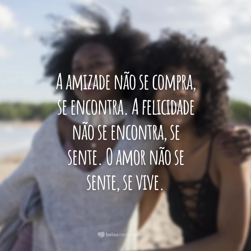 A amizade não se compra, se encontra. A felicidade não se encontra, se sente. O amor não se sente, se vive.