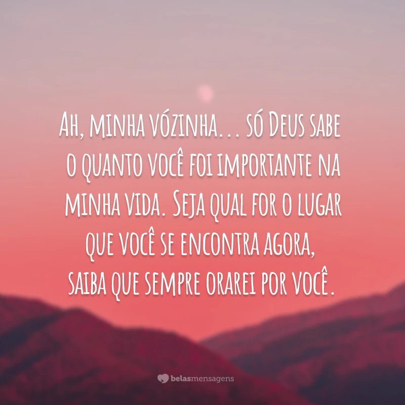 Ah, minha vózinha... só Deus sabe o quanto você foi importante na minha vida. Seja qual for o lugar que você se encontra agora, saiba que sempre orarei por você.