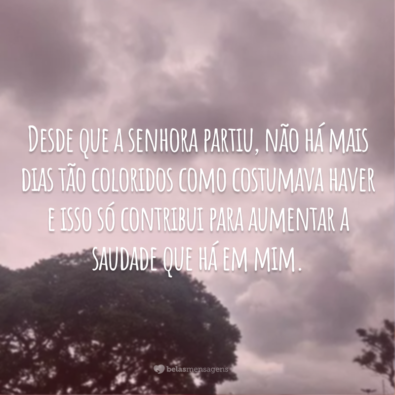 Desde que a senhora partiu, não há mais dias tão coloridos como costumava haver e isso só contribui para aumentar a saudade que há em mim.