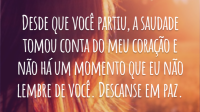 Desde que você partiu, a saudade tomou conta do meu coração e não há um momento que eu não lembre de você. Descanse em paz.