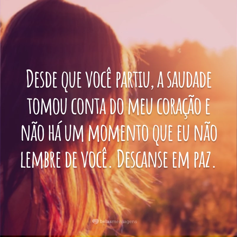 Desde que você partiu, a saudade tomou conta do meu coração e não há um momento que eu não lembre de você. Descanse em paz.