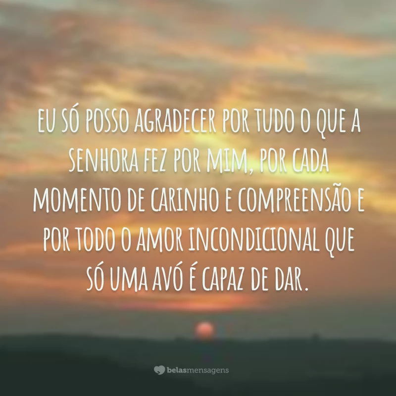 E no final, eu só posso agradecer por tudo o que a senhora fez por mim, por cada momento de carinho e compreensão, por todas as vezes que me salvou das broncas dos meus pais, por todo o amor incondicional que só uma avó é capaz de dar.