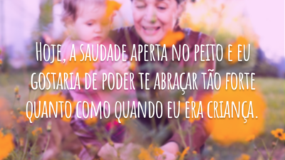 Hoje, a saudade aperta no peito e eu gostaria de poder te abraçar tão forte quanto como quando eu era criança, mas só posso deixar registrado que eu sinto a sua falta e espero que a senhora sinta o meu amor, onde quer que esteja.