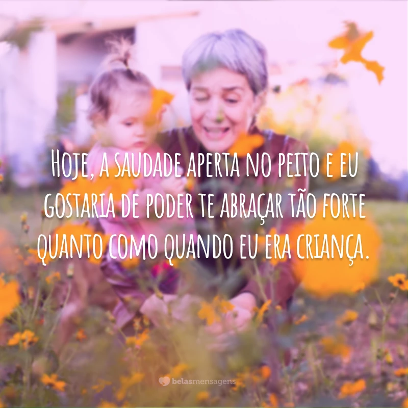 Hoje, a saudade aperta no peito e eu gostaria de poder te abraçar tão forte quanto como quando eu era criança, mas só posso deixar registrado que eu sinto a sua falta e espero que a senhora sinta o meu amor, onde quer que esteja.