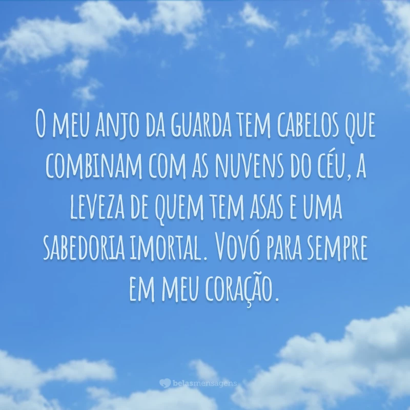 O meu anjo da guarda tem cabelos que combinam com as nuvens do céu, a leveza de quem tem asas e uma sabedoria imortal. Vovó para sempre em meu coração.