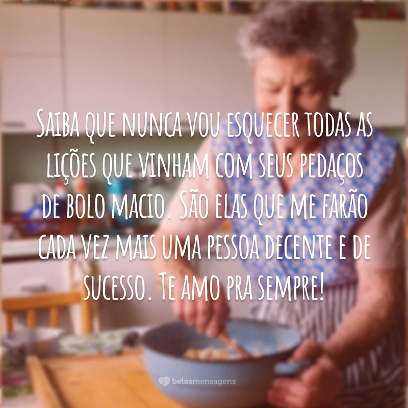 Saiba que nunca vou esquecer todas as lições que vinham com seus pedaços de bolo macio. São elas que me farão cada vez mais uma pessoa decente e de sucesso. Te amo pra sempre!