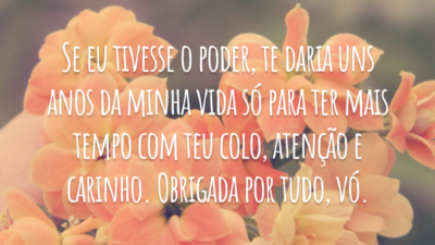 Se eu tivesse o poder, te daria uns anos da minha vida só para ter mais tempo com teu colo, atenção e carinho. Obrigada por tudo, vó.