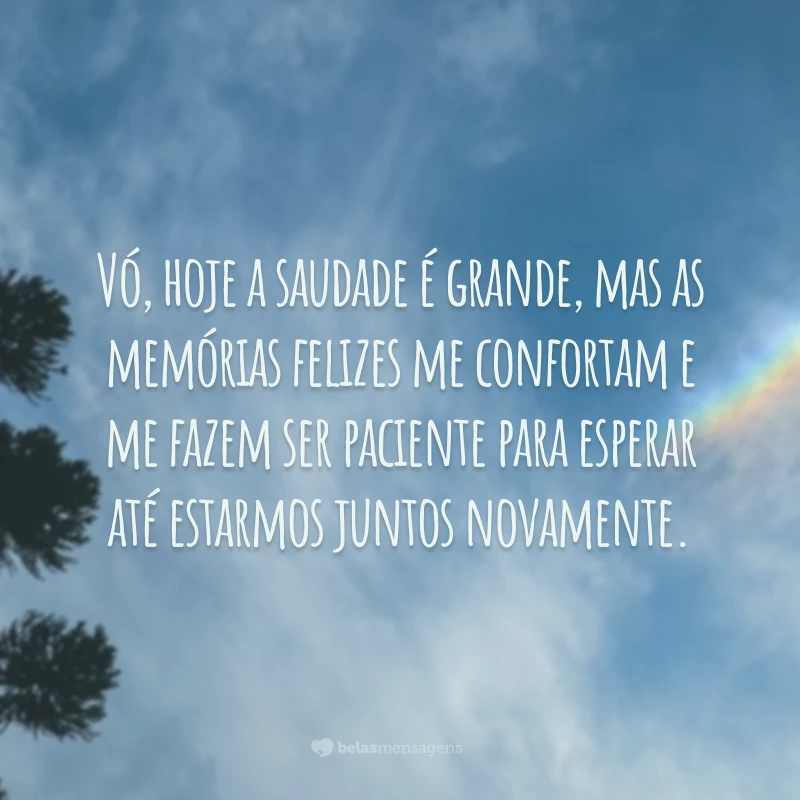 Vó, hoje a saudade é grande, mas as memórias felizes me confortam e me fazem ser paciente para esperar até estarmos juntos novamente.