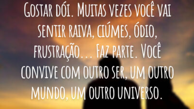 Gostar dói. Muitas vezes você vai sentir raiva, ciúmes, ódio, frustração... Faz parte. Você convive com outro ser, um outro mundo, um outro universo.