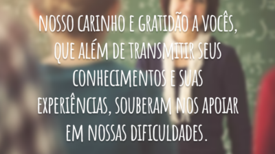 Nosso carinho e gratidão a vocês, que além de transmitir seus conhecimentos e suas experiências, souberam nos apoiar em nossas dificuldades.
