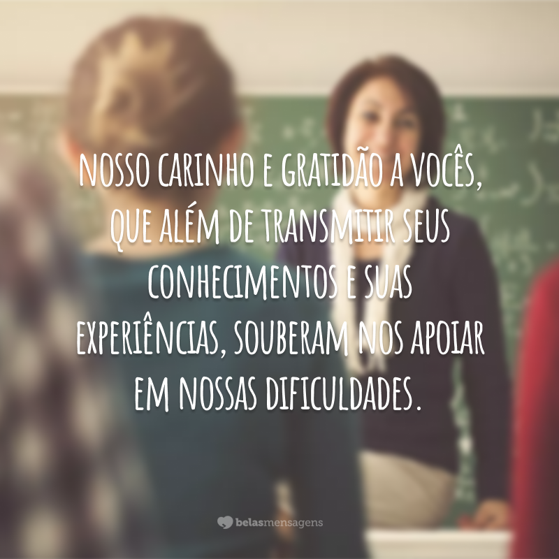 Nosso carinho e gratidão a vocês, que além de transmitir seus conhecimentos e suas experiências, souberam nos apoiar em nossas dificuldades.