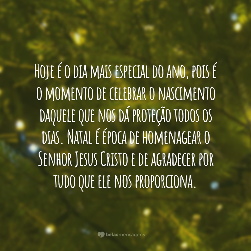 Hoje é o dia mais especial do ano, pois é o momento de celebrar o nascimento daquele que nos dá proteção todos os dias. Natal é época de homenagear o Senhor Jesus Cristo e de agradecer por tudo que ele nos proporciona.