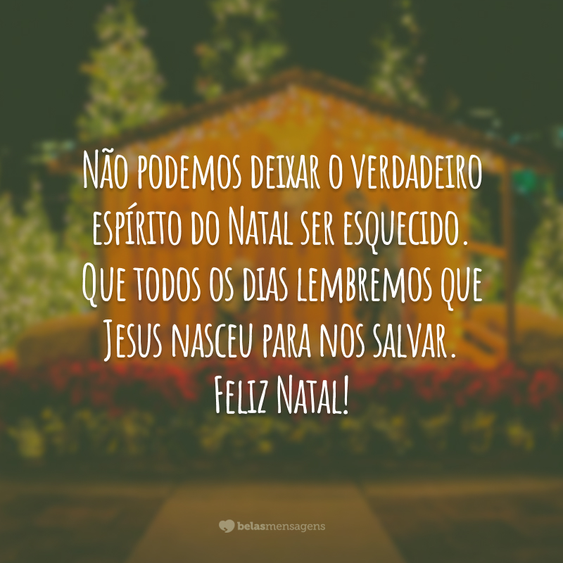 Não podemos deixar o verdadeiro espírito do Natal ser esquecido. Que todos os dias lembremos que Jesus nasceu para nos salvar. Feliz Natal!