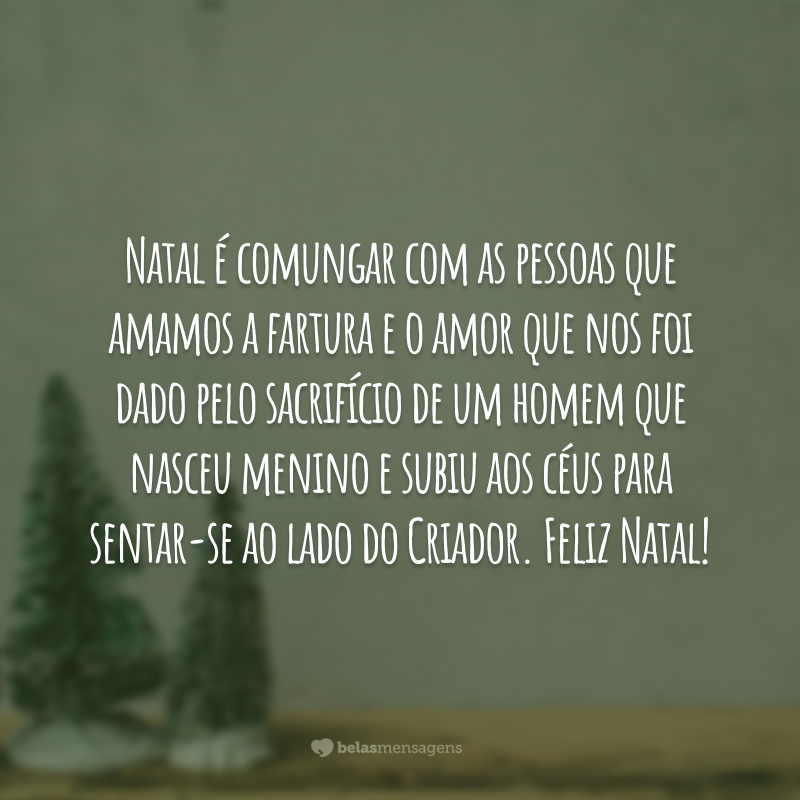 Natal é comungar com as pessoas que amamos a fartura e o amor que nos foi dado pelo sacrifício de um homem que nasceu menino e subiu aos céus para sentar-se ao lado do Criador. Feliz Natal!