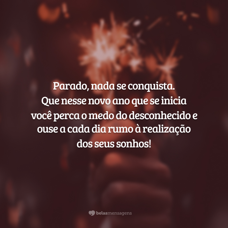 Parado, nada se conquista. Que nesse novo ano que se inicia você perca o medo do desconhecido e ouse a cada dia rumo à realização dos seus sonhos!