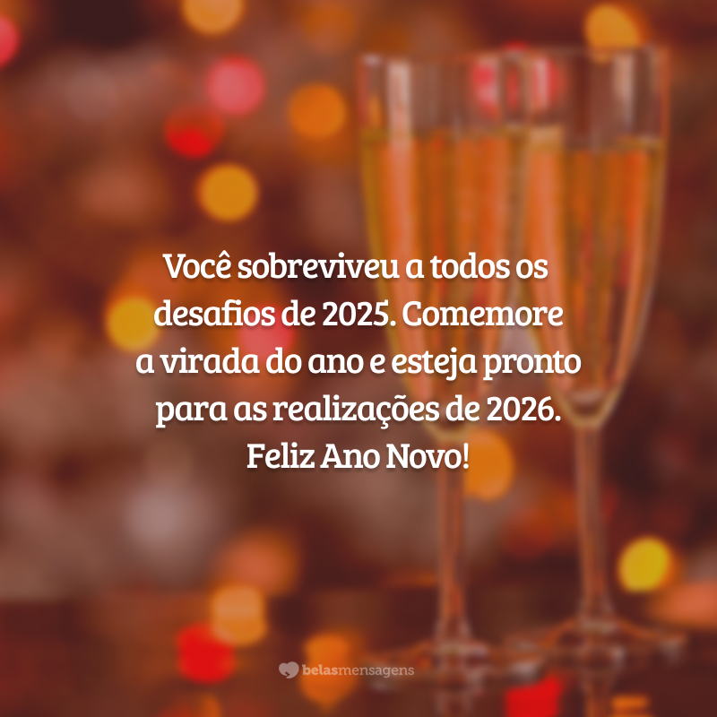 Você sobreviveu a todos os desafios de 2025. Comemore a virada do ano e esteja pronto para as realizações de 2026. Feliz Ano Novo!