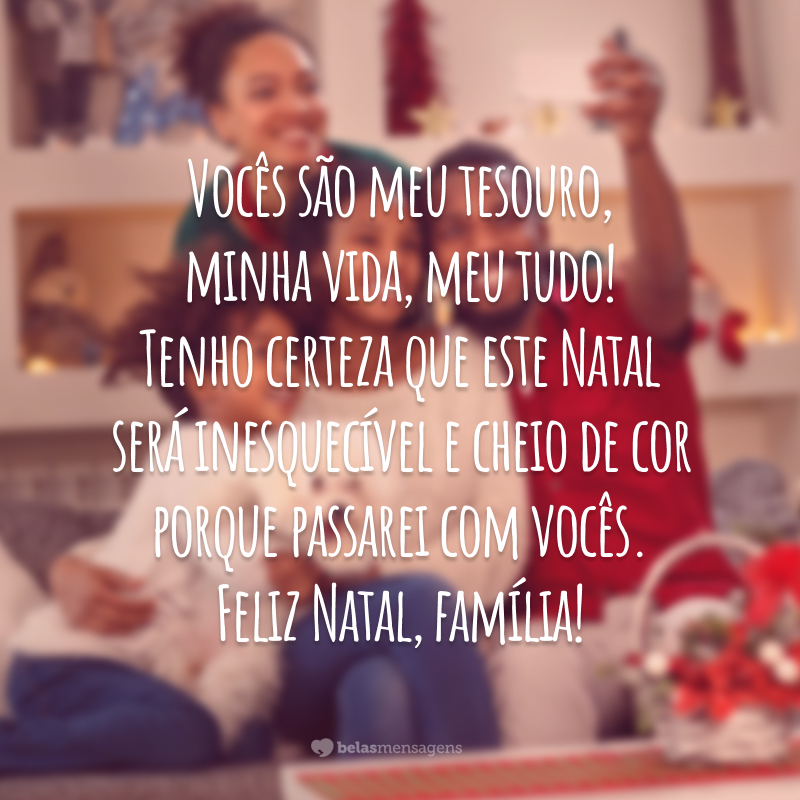 Vocês são meu tesouro, minha vida, meu tudo! Tenho certeza que este Natal será inesquecível e cheio de cor porque passarei com vocês. Feliz Natal, família!