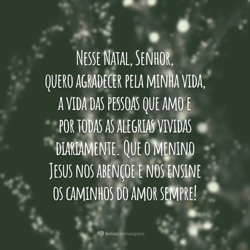 Nesse Natal, Senhor, quero agradecer pela minha vida, a vida das pessoas que amo e por todas as alegrias vividas diariamente. Que o menino Jesus nos abençoe e nos ensine os caminhos do amor sempre!